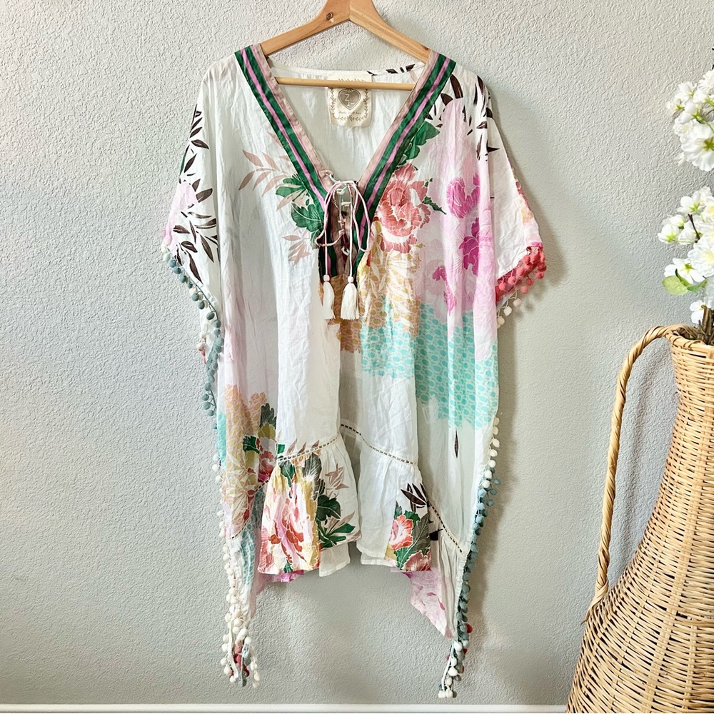 Z&L Floral Pom-Pom Caftan Coverup One Size 100% Cotton Swim Vacation Cruise